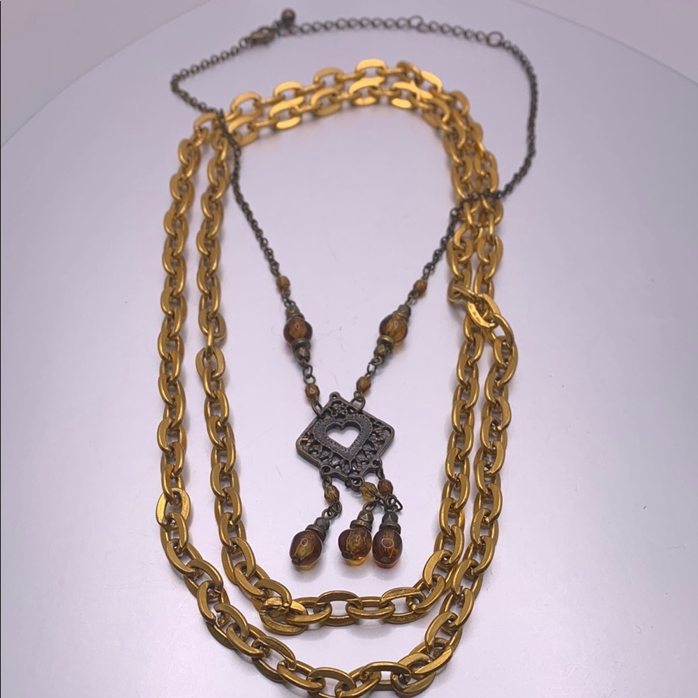 Lot of Two Bronze Tone Necklaces 38” 17” Chain‎ Beaded Heart Pendant Layering
